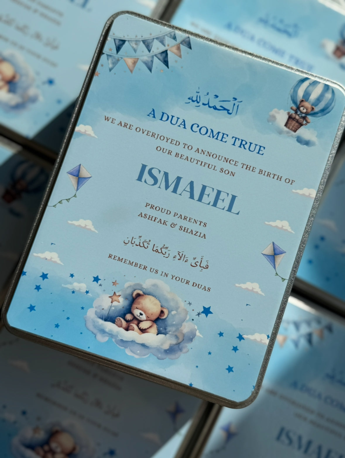 Personalised baby announcement Mithai boxes (blue hot air balloon)