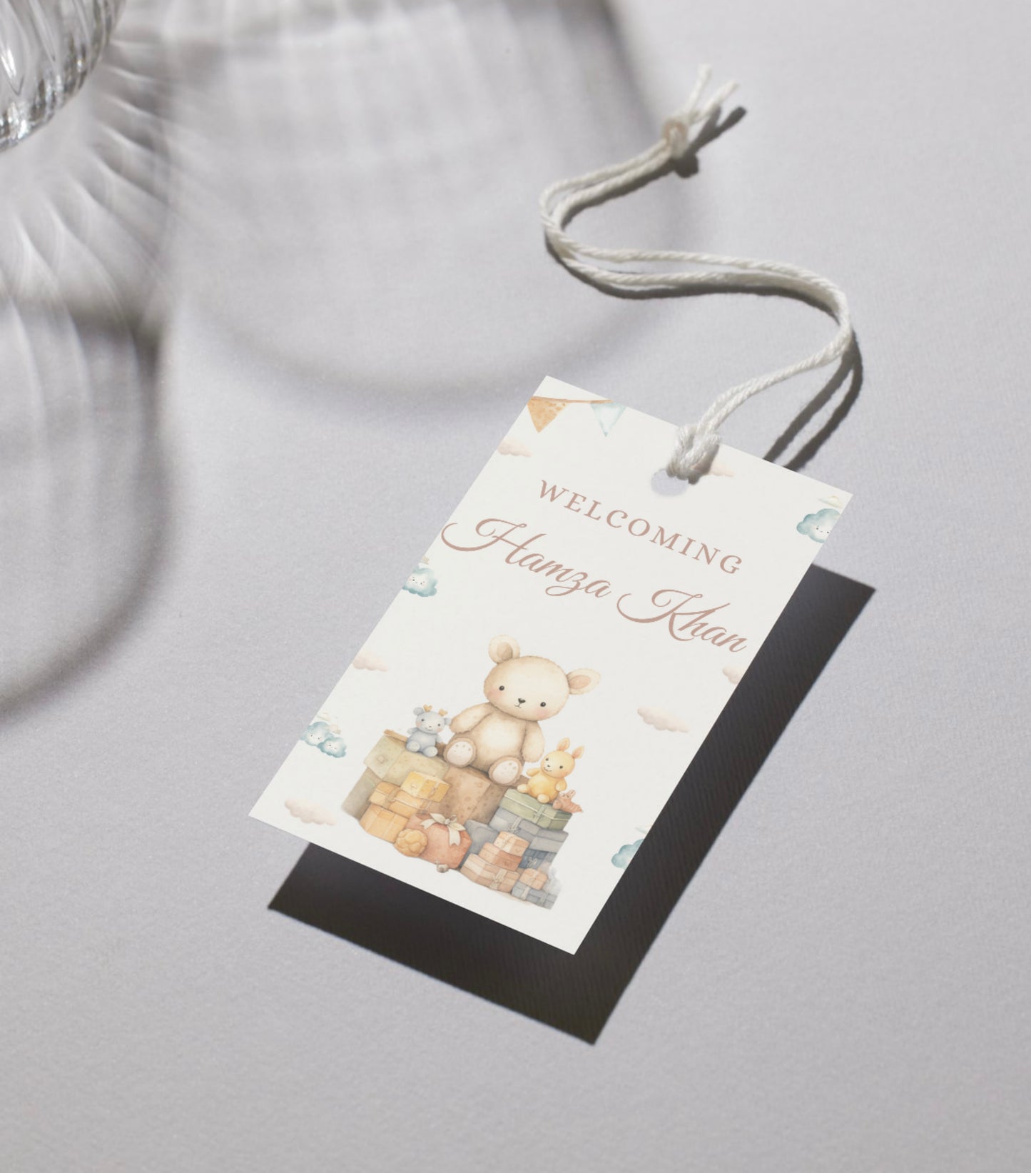 Neutral teddy baby announcement tags and stickers