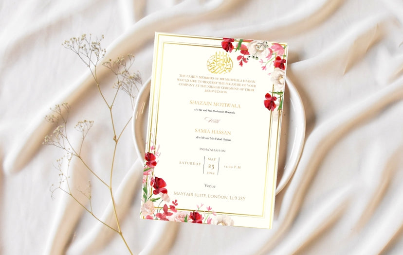 Red floral wedding invites