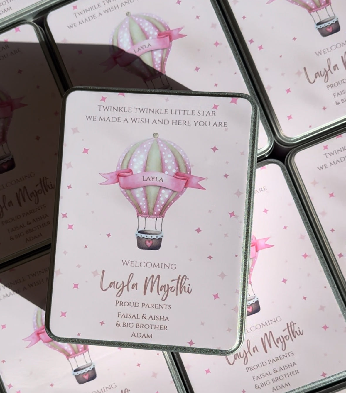 Baby girl hot air balloon Mithai tins
