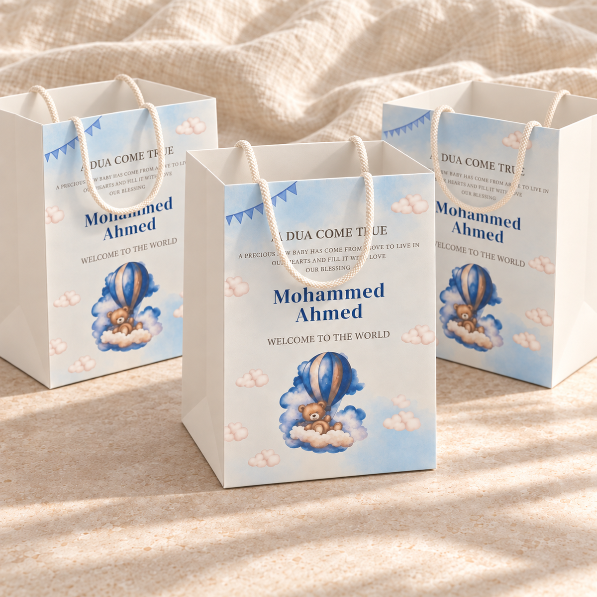 Baby announcement personalised gift bags white 19cm by 25cm