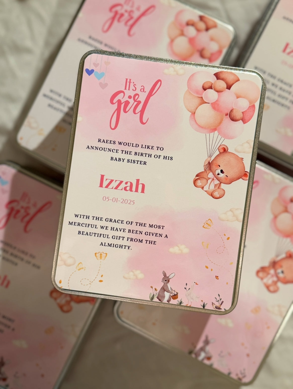 Personalised baby announcement Mithai boxes (Baby girl teddy pink)