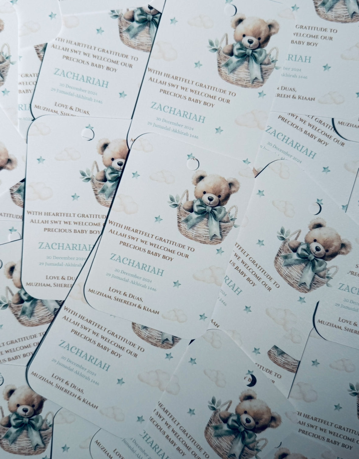 Sage green baby announcement gift tags