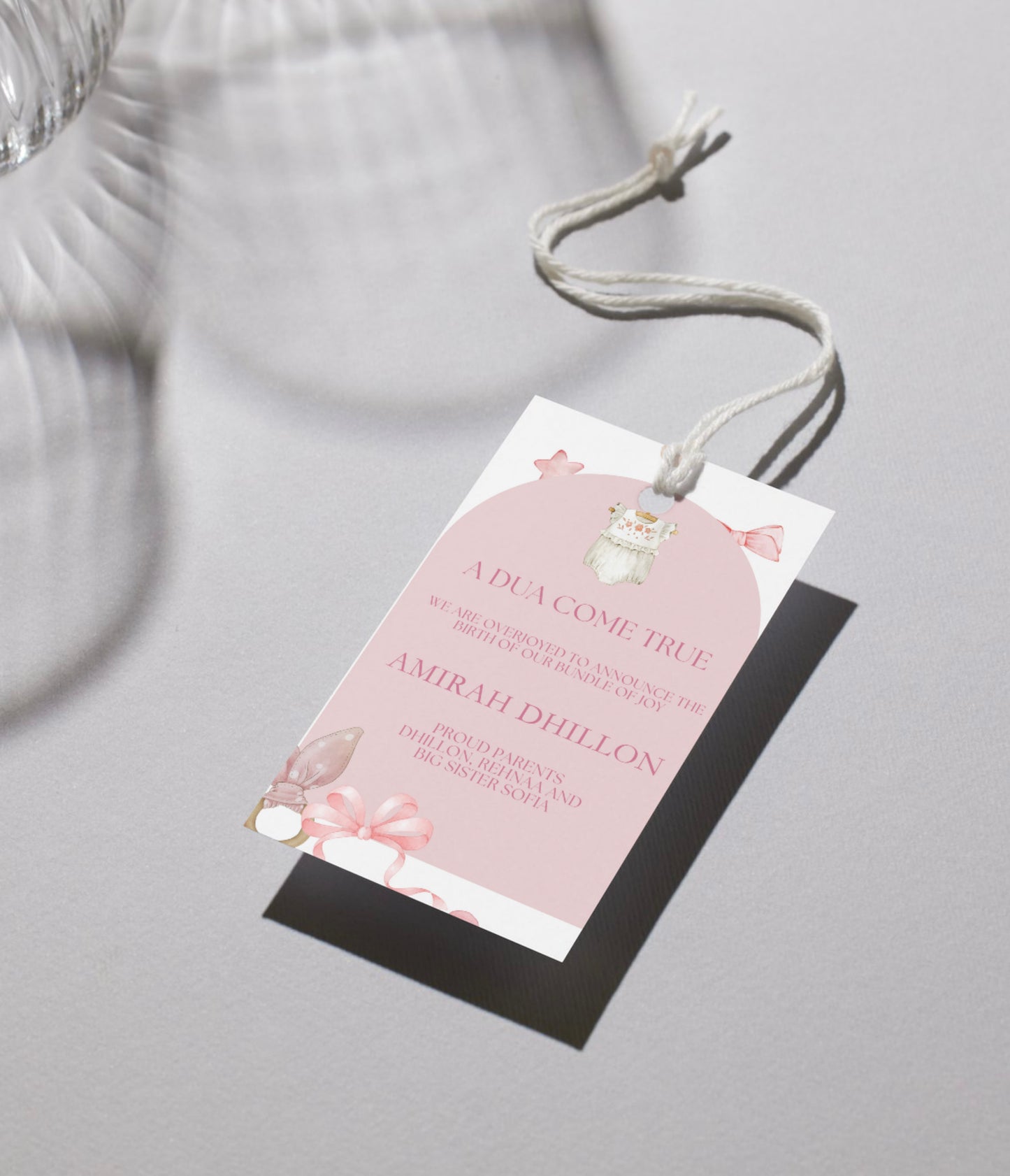 Pink baby announcement tags and stickers
