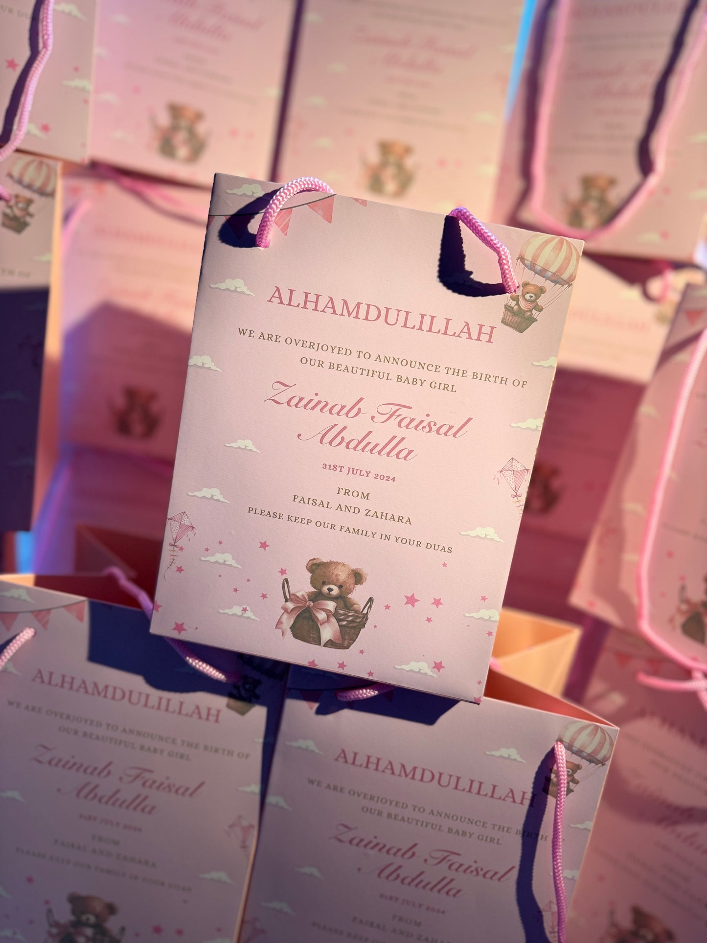 Pink Baby announcement personalised gift bags 19cm by 25cm