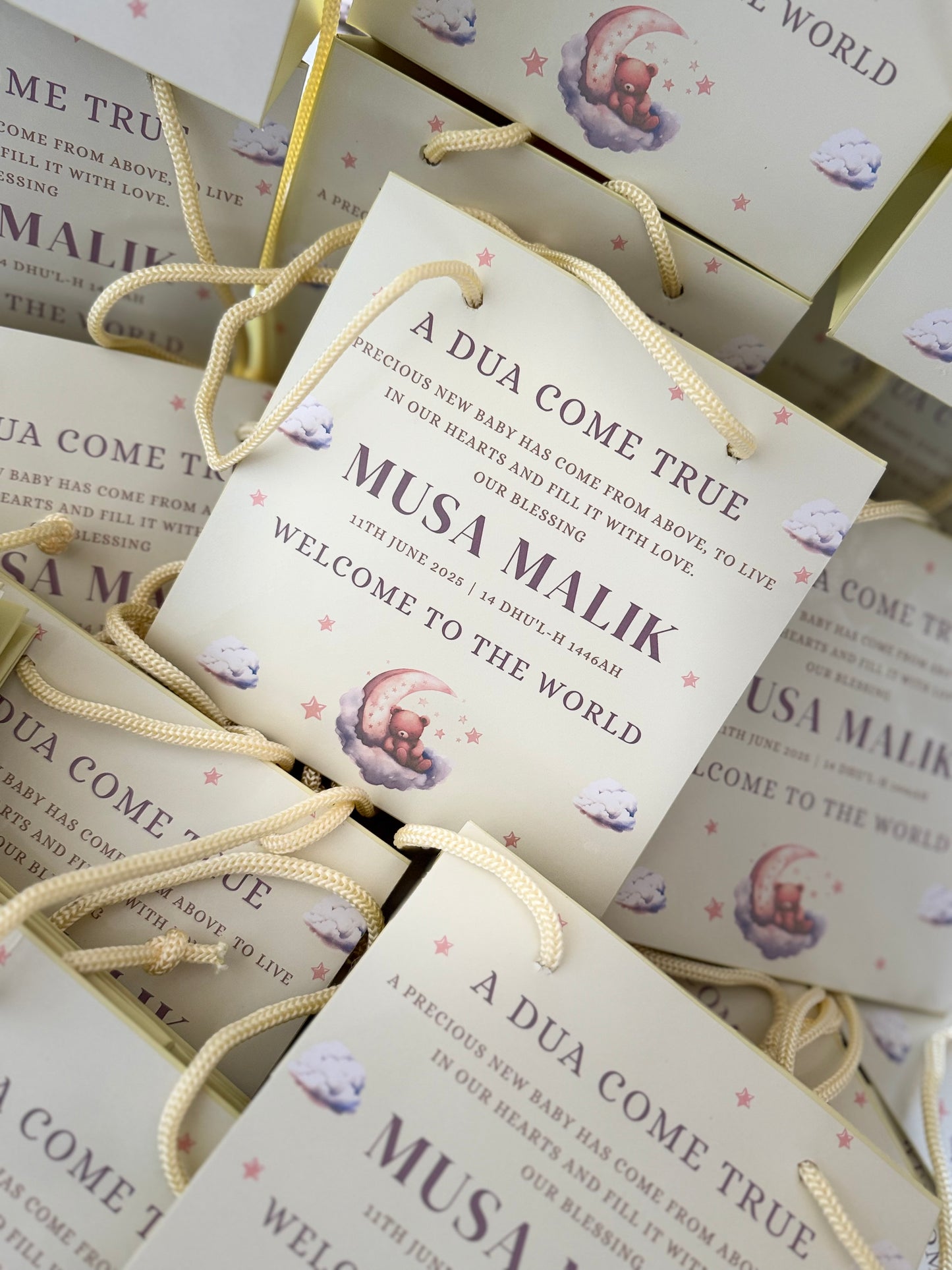 Cream baby announcement Mithai bags