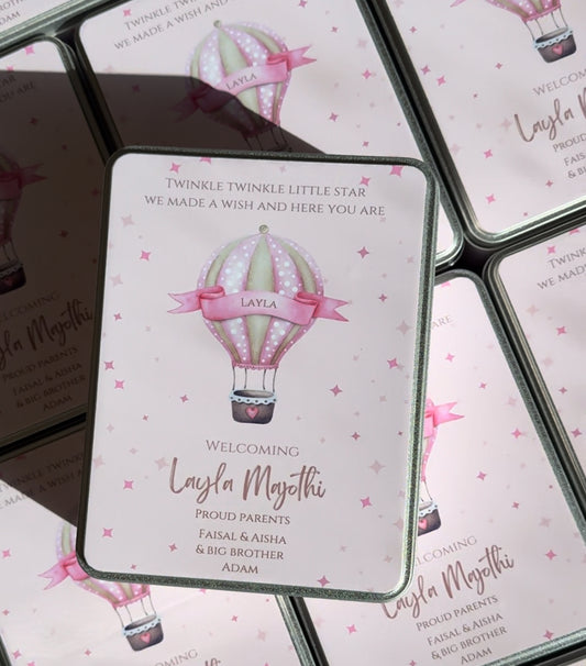 Baby girl hot air balloon Mithai tins