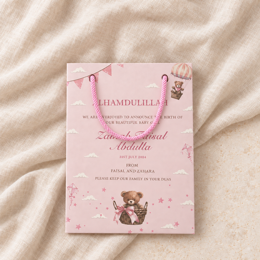 Pink Baby announcement personalised gift bags 19cm by 25cm