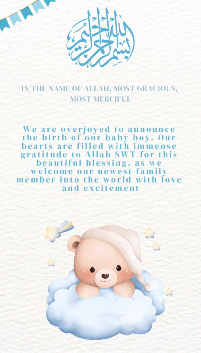 Baby announcement baby boy Teddy