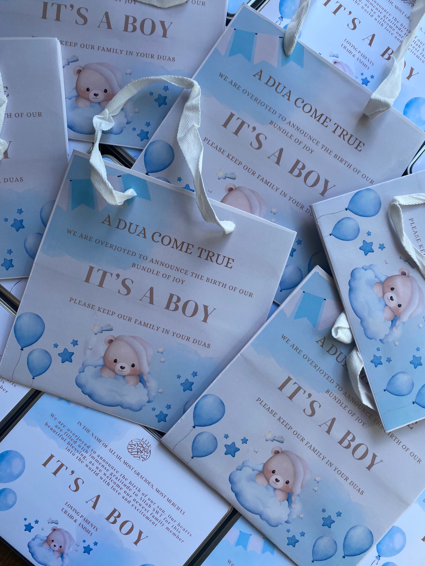 Custom design Baby announcement personalised gift bags white 20cm by 20cm