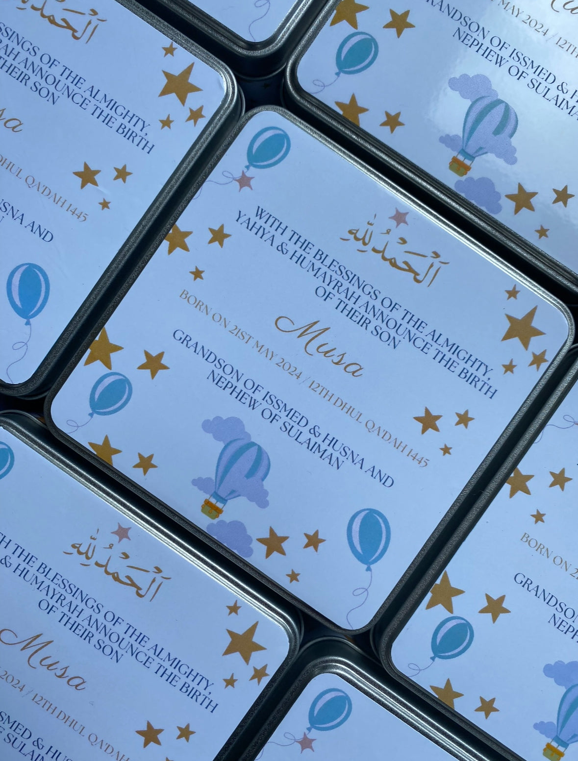 Personalised baby announcement Mithai boxes (hot air balloon)