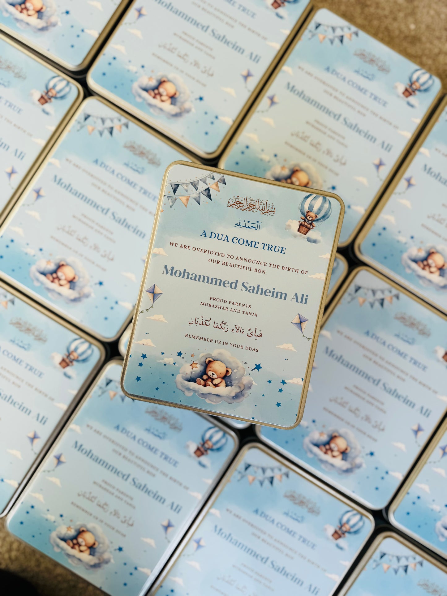 Personalised baby announcement Mithai boxes (blue hot air balloon)