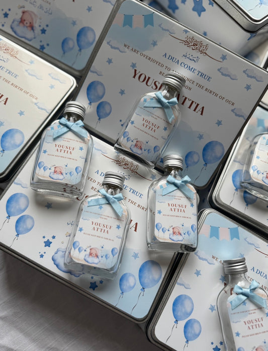 Blue teddy announcement tins